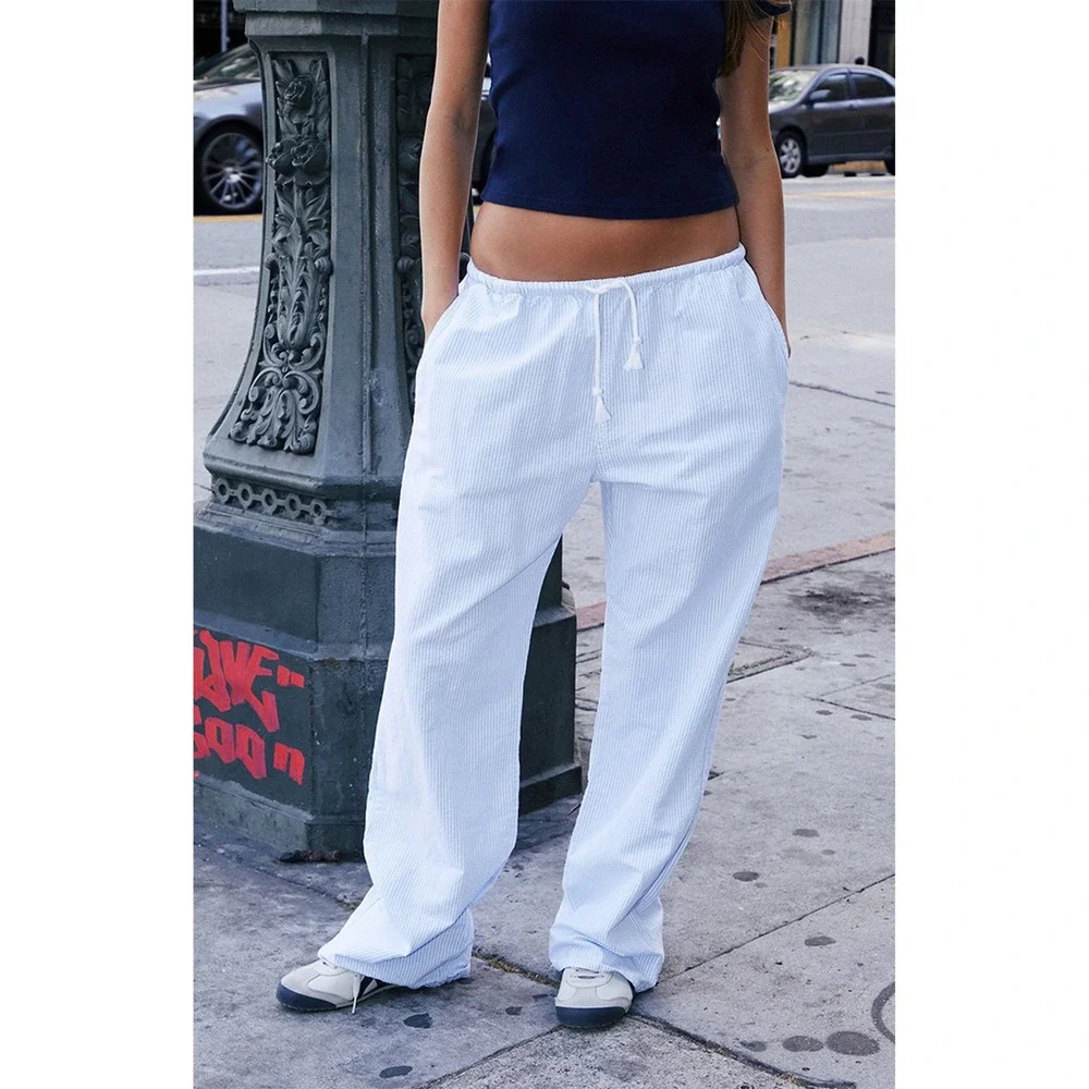 John Galt Low Rise Striped 100% Cotton Sweatpants Blue White Wide Leg Baggy - Picture 1 of 9
